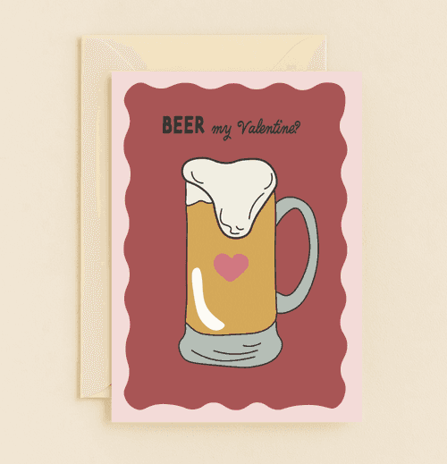 Celebrate Valentine's Day with a playful card featuring a frothy beer mug and heart, perfect for pun-loving couples and beer enthusiasts.