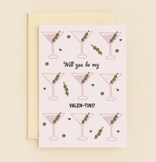 Celebrate Valentine's Day with a playful card featuring martini glasses, olives, and witty wordplay for a fun twist on love.