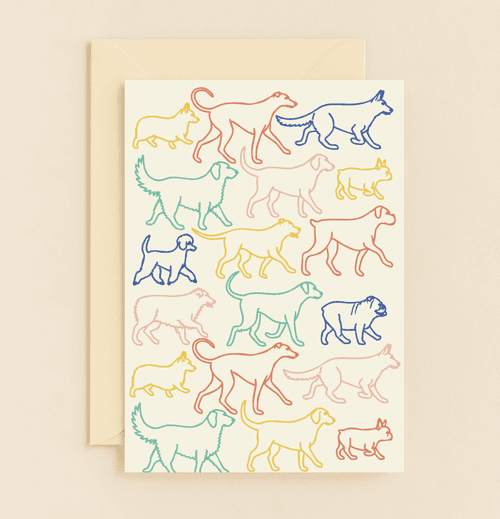 Brighten someone's day with our "Colorful Canines: A Pawsitive Message" card, featuring whimsical pastel dog outlines on a cream background.