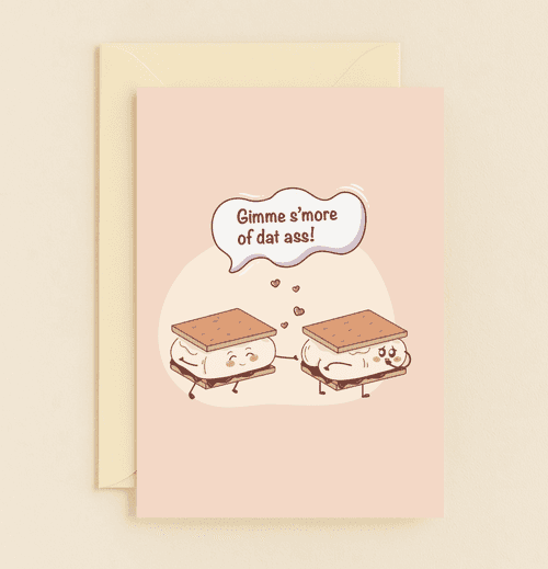 Spread sweet laughter this Valentine's Day with a playful s'mores card featuring punny humor and adorable cartoon treats.