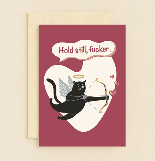 Celebrate Valentine's Day with surreal humor as a black cupid cat takes aim with whimsical wordplay and mischievous charm on this playful greeting card.
