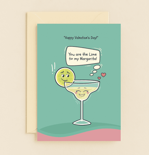 Celebrate Valentine's Day with this charming card featuring a punny love match between a smiling margarita and its lime, perfect for cocktail enthusiasts.