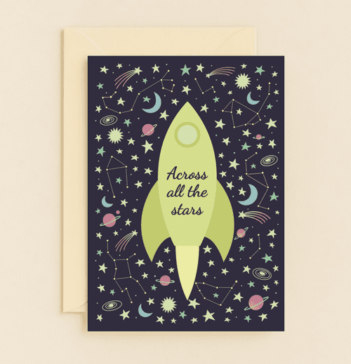 Send a whimsical message with our "To the Stars and Beyond" card, featuring a colorful cosmic scene perfect for stargazing dreamers and space explorers.