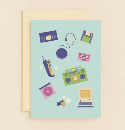 Send nostalgic vibes with this retro tech-themed card, perfect for reminiscing about the 80s and 90s while letting someone know you're thinking of them.