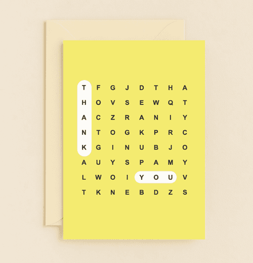 Uncover gratitude with this playful thank-you card featuring a clever word search puzzle on a vibrant yellow background.