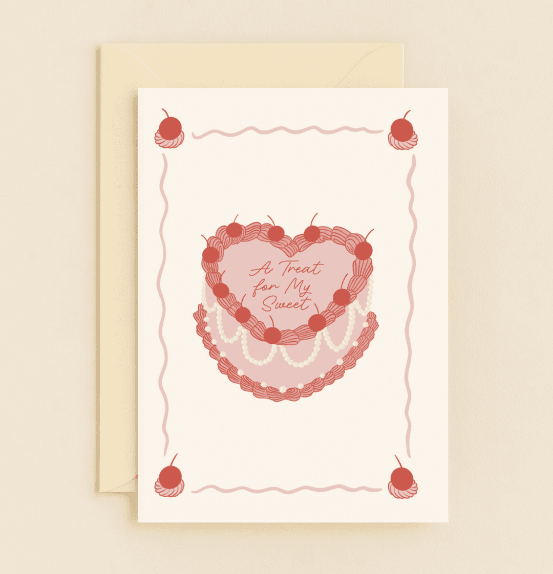 Delight your Valentine with a charming card featuring a cherry-topped heart-shaped cake, playful puns, and a romantic design in pink and red hues.