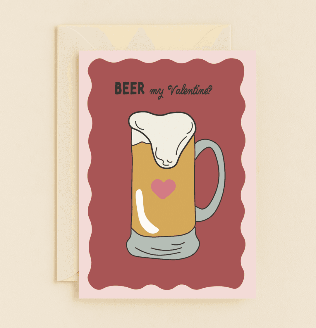 Celebrate Valentine's Day with a playful card featuring a frothy beer mug and heart, perfect for pun-loving couples and beer enthusiasts.
