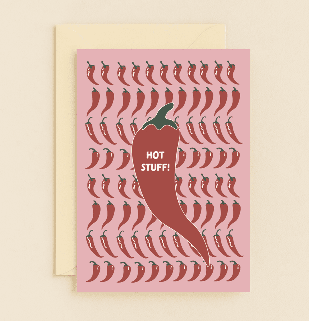 Ignite your Valentine’s Day with playful romance using our "Spice Up Your Love" card, featuring vibrant chili peppers and cheeky wordplay on a pink backdrop.