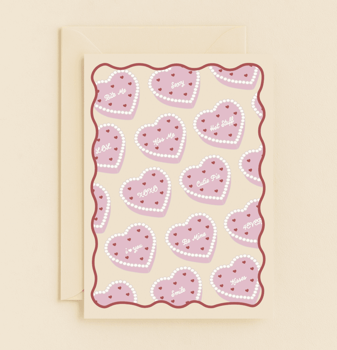 Celebrate Valentine's Day with a playful card featuring candy hearts and punny messages, perfect for sweetening your loved one's day.