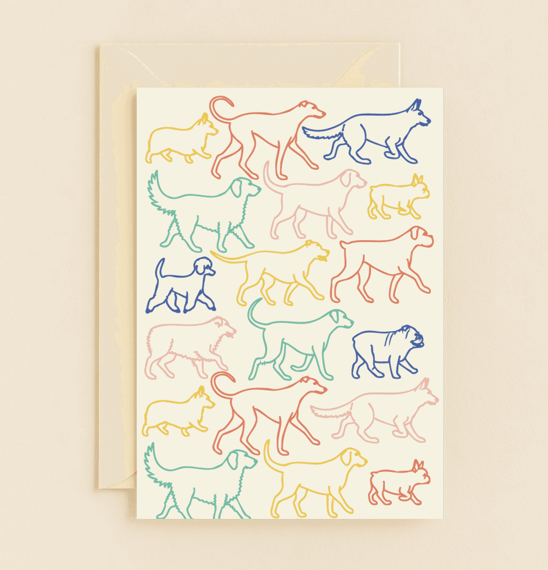 Brighten someone's day with our "Colorful Canines: A Pawsitive Message" card, featuring whimsical pastel dog outlines on a cream background.