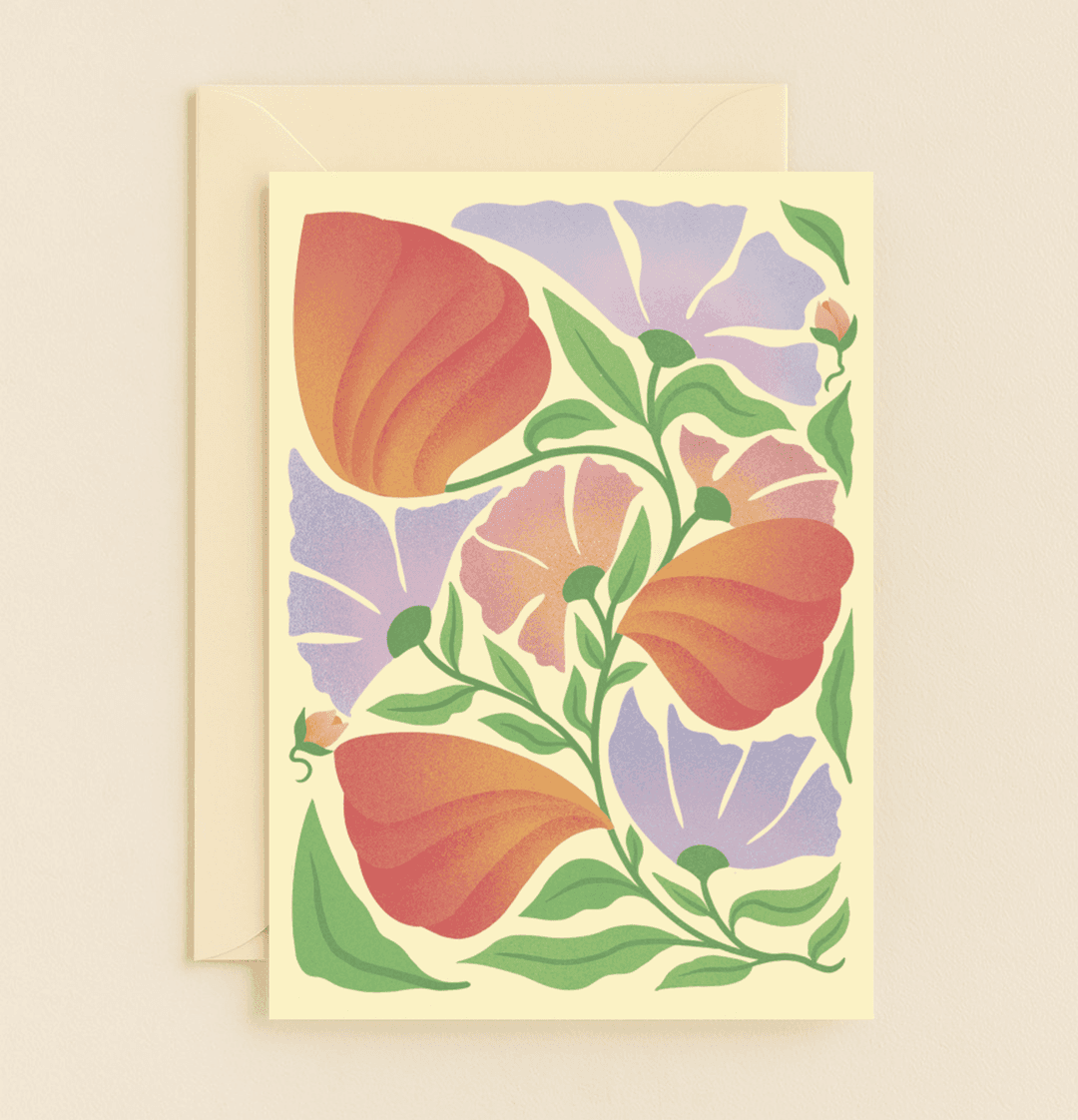 Express your gratitude with "Blossoming Thanks," a vibrant, abstract floral card featuring elegant orange and purple blooms against a warm yellow backdrop.