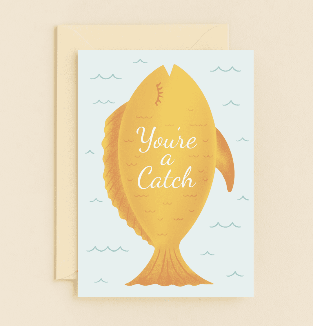 Catch their heart this Valentine's Day with a whimsical fish-themed card featuring playful wordplay and minimalist design.