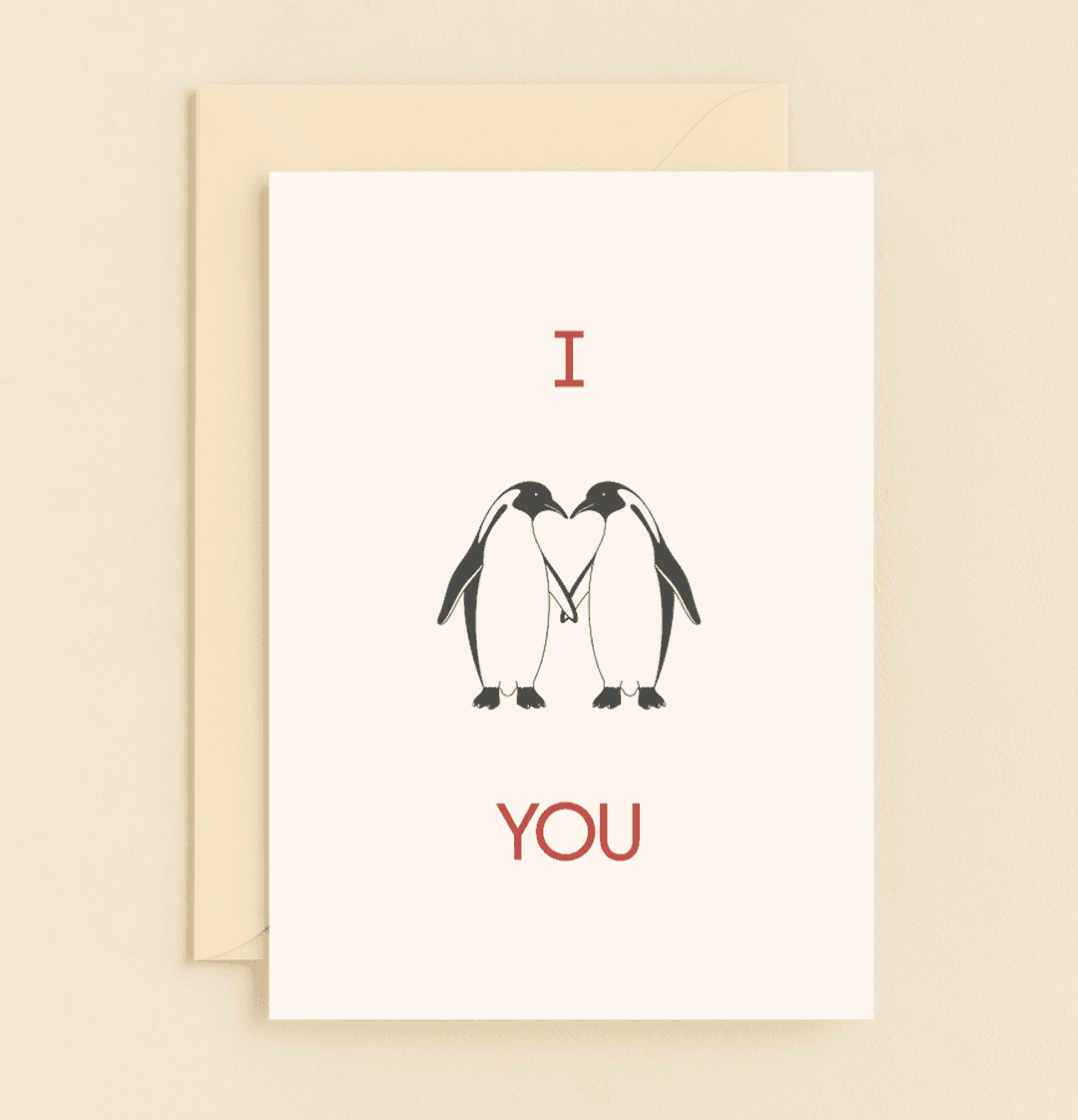 Celebrate Valentine's Day with "Penguin Love: Heartfelt Moments," a charming card featuring penguins forming a heart, perfect for pun-filled romance.