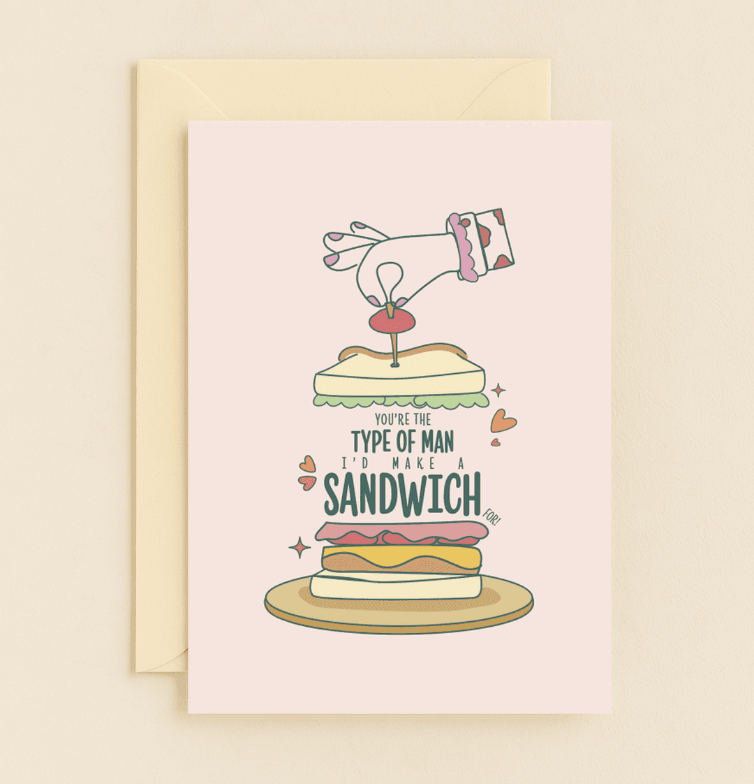 Celebrate love with humor and whimsy using this Valentine's card featuring a playful sandwich illustration, romantic hearts, and a punny affectionate message.