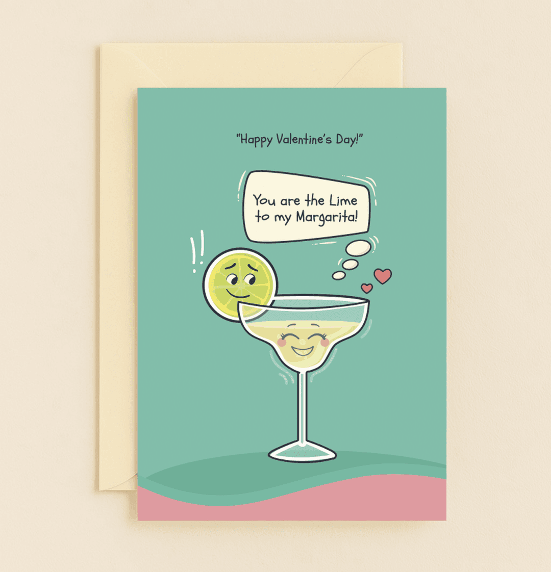 Celebrate Valentine's Day with this charming card featuring a punny love match between a smiling margarita and its lime, perfect for cocktail enthusiasts.