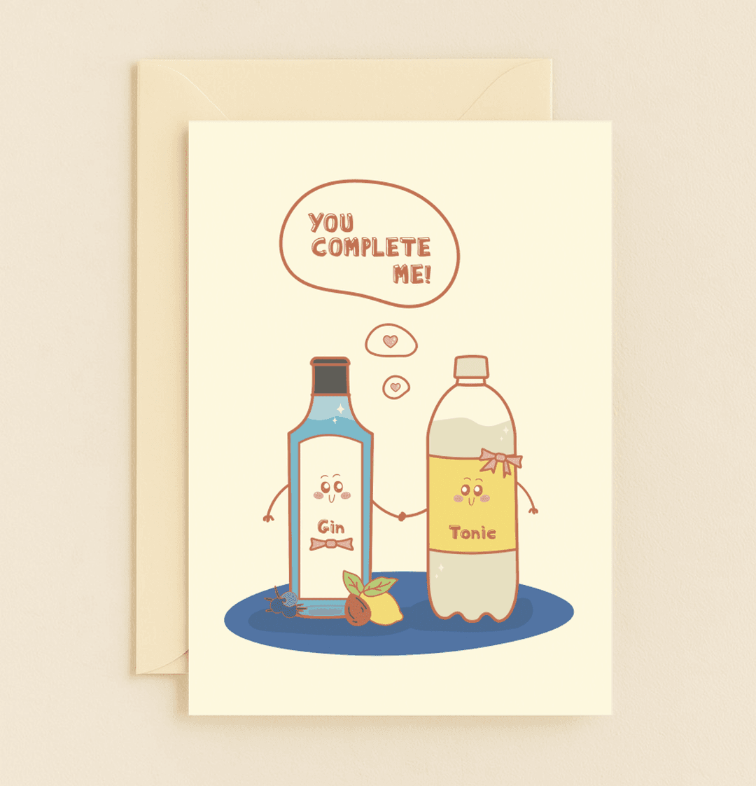Celebrate Valentine's Day with a charming card featuring a playful gin and tonic duo, perfect for lovers who are a match made in cocktail heaven.