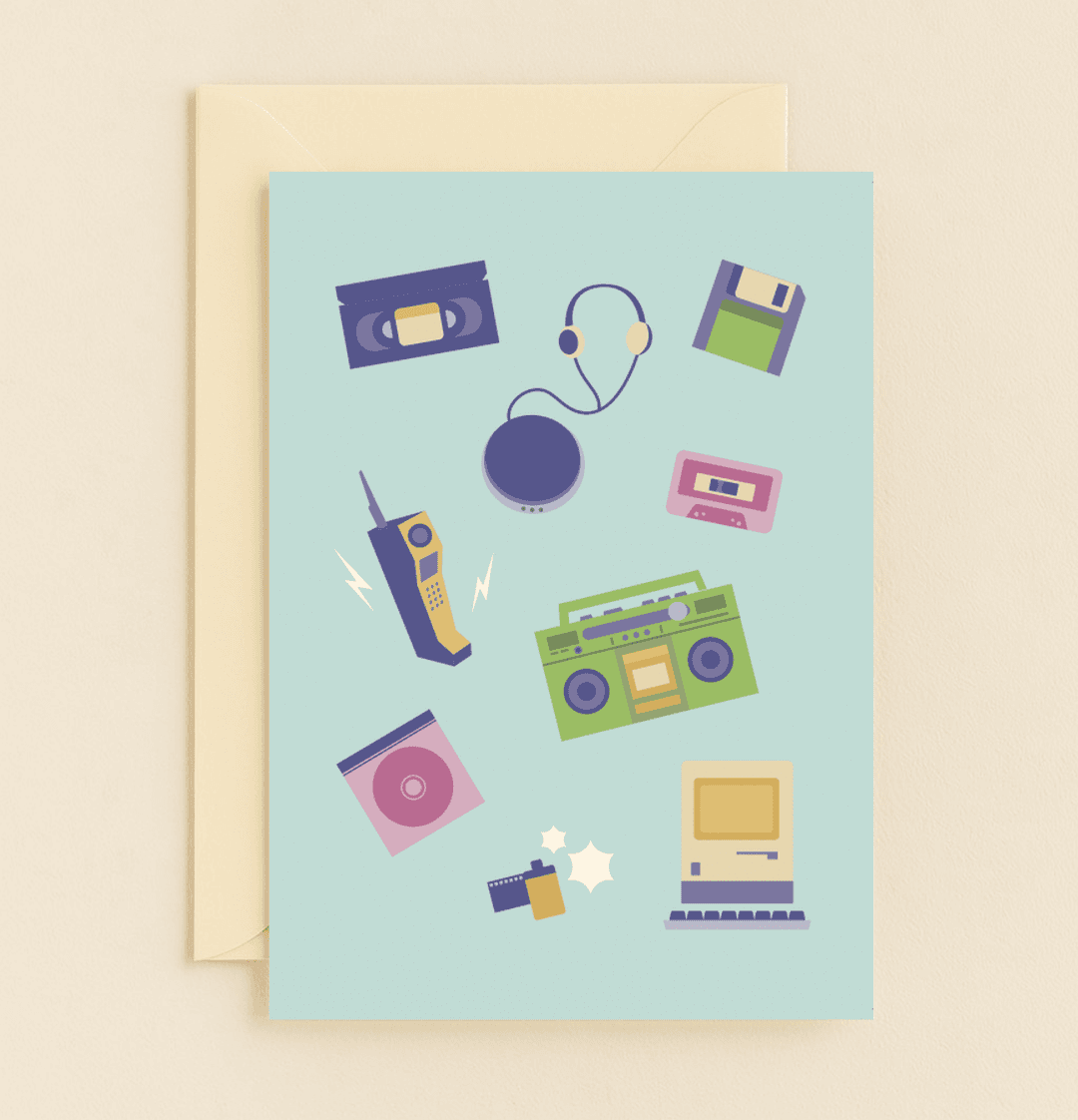 Send nostalgic vibes with this retro tech-themed card, perfect for reminiscing about the 80s and 90s while letting someone know you're thinking of them.