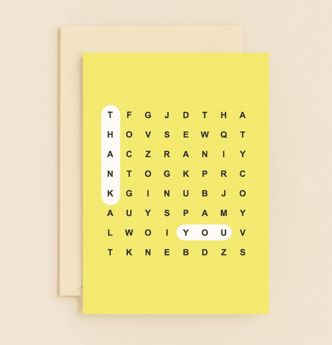 Uncover gratitude with this playful thank-you card featuring a clever word search puzzle on a vibrant yellow background.