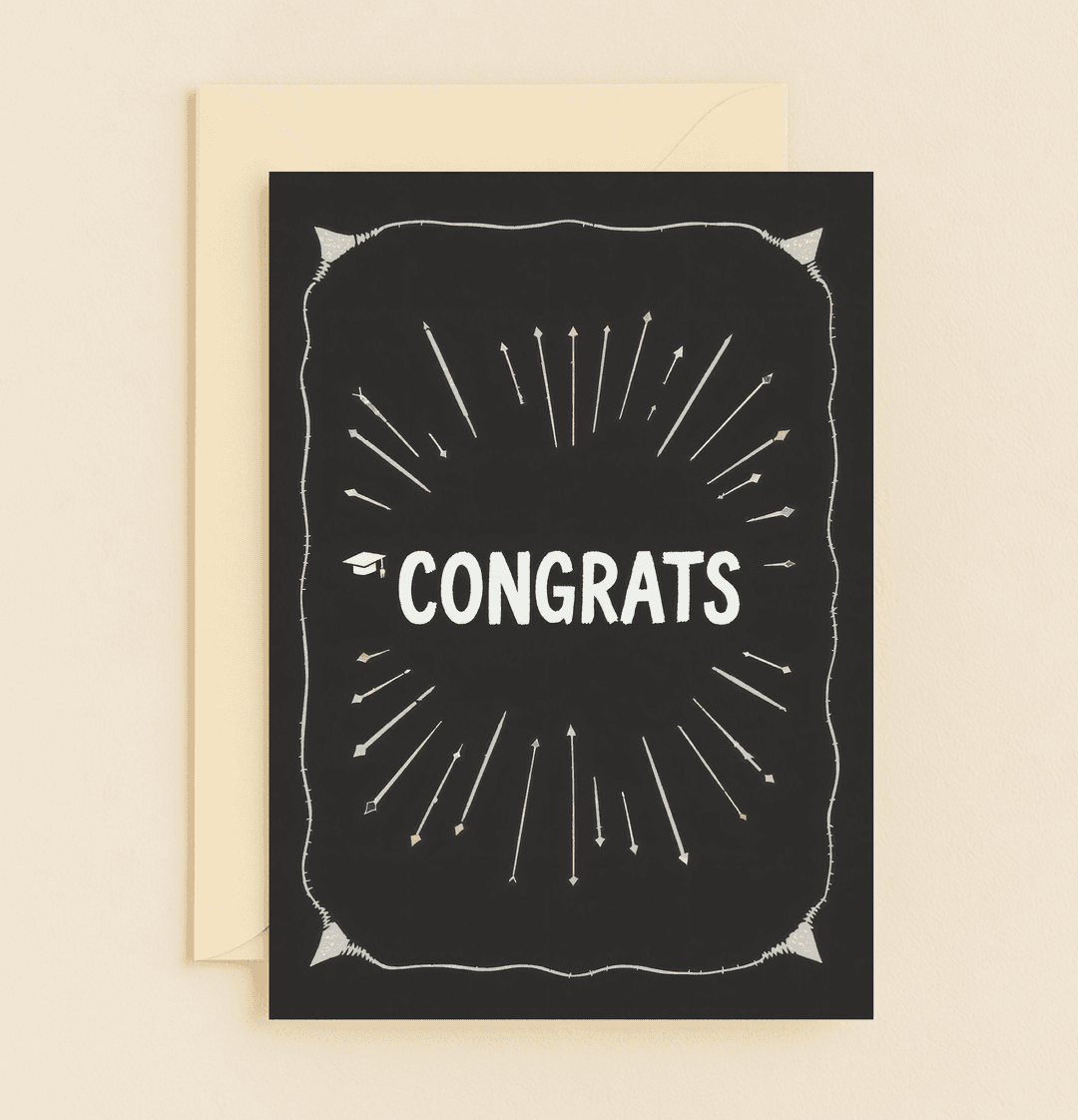 Celebrate their success with a stylish graduation card featuring vibrant arrows, a graduation cap, and bold "CONGRATS" for a bright future ahead.