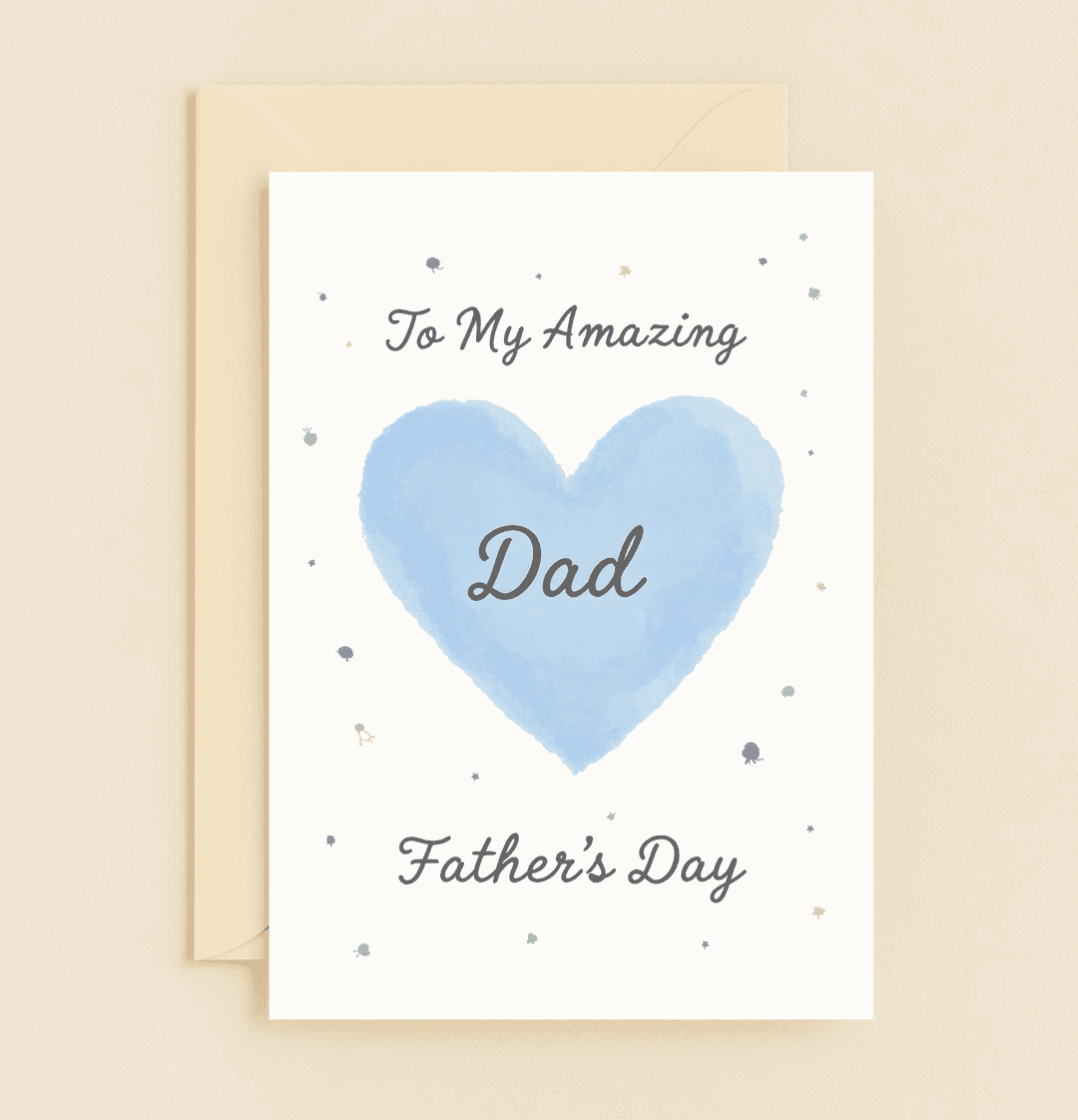 Celebrate Father's Day with a minimalist watercolor card featuring a bold blue heart, pastel dots, and a heartfelt message for your amazing dad.