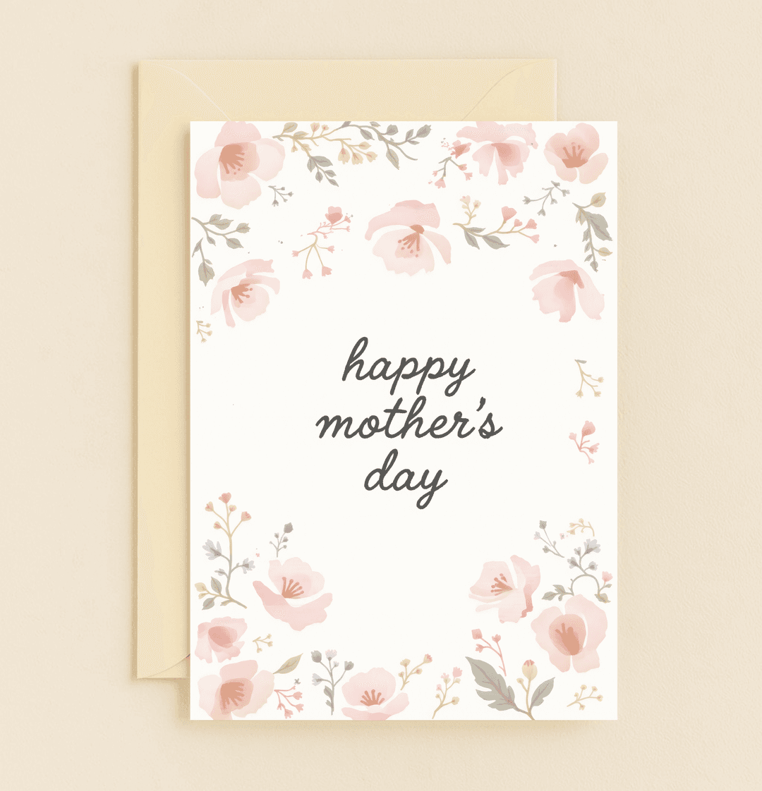 Celebrate Mother's Day with our "Blossoms of Love for Mom" card, featuring a delicate watercolor floral design and heartfelt script on a soft, feminine background.