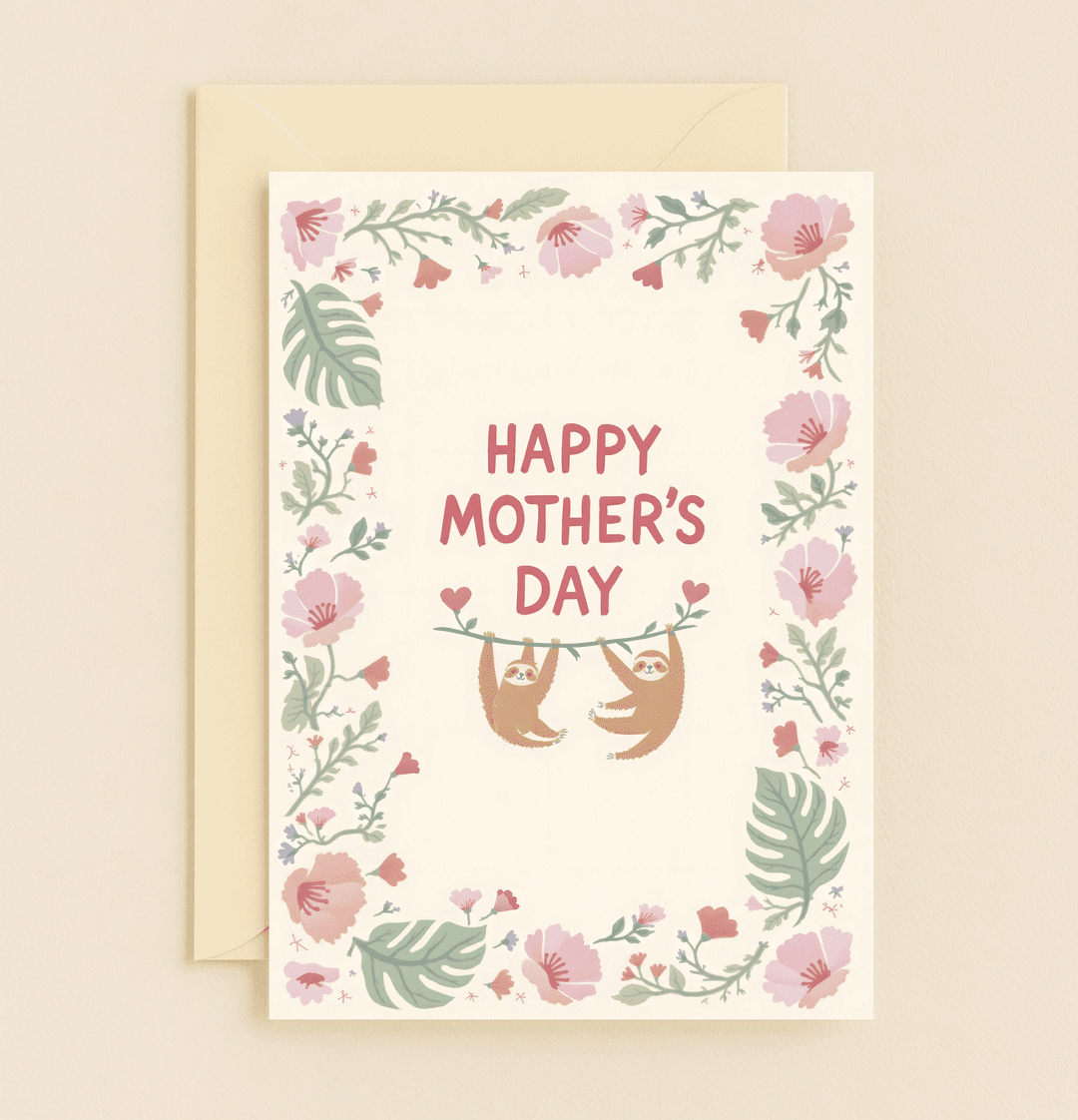 Celebrate Mother's Day with a whimsical card featuring smiling sloths, pastel flowers, and charming leaves, perfect for expressing slothful love.
