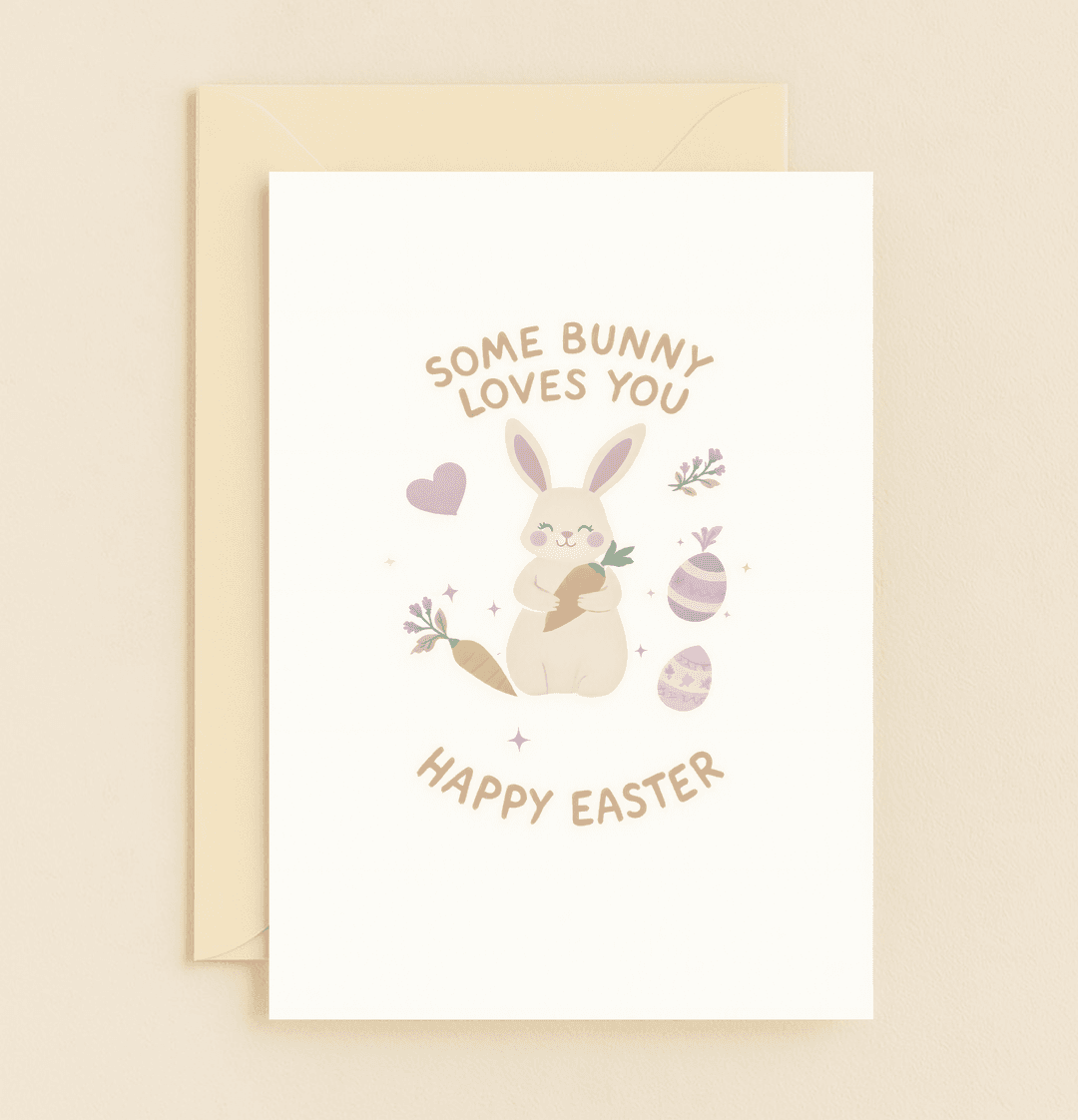 Celebrate Easter with a charming card featuring a cute bunny and cheerful pastel accents, perfect for sending love and smiles with playful wordplay.