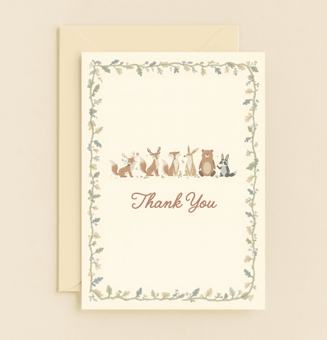 Express heartfelt gratitude with this charming woodland-themed card, featuring pastel hues, delicate foliage, and adorable animals with a warm "Thank You.
