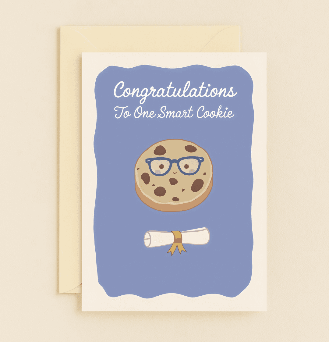 Celebrate graduation with a punny card featuring a smart cookie in glasses and a diploma, perfect for honoring educational achievements with sweet humor.