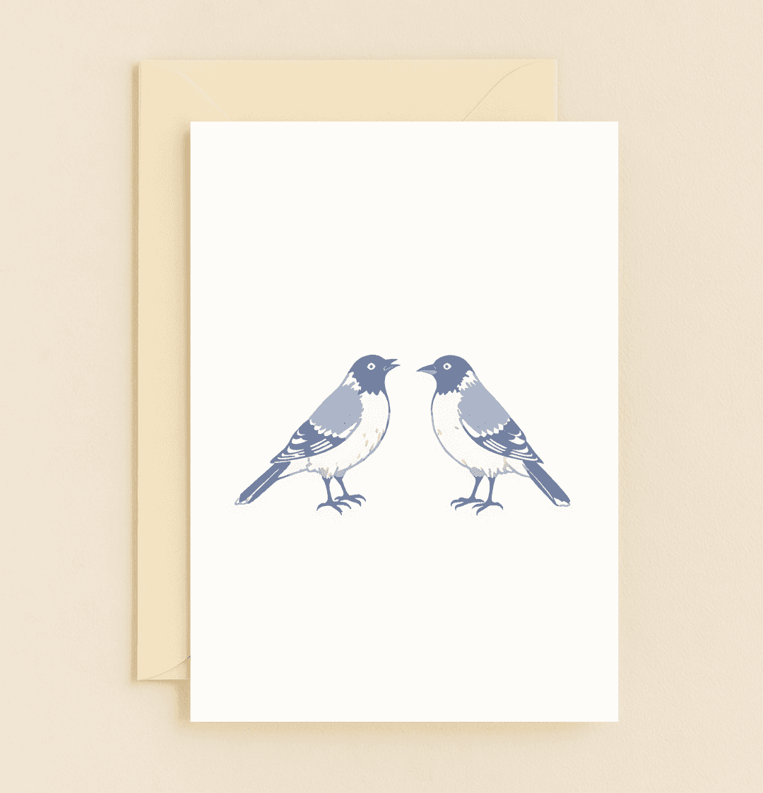 Celebrate your love with "Two Hearts, One Melody," a minimalist anniversary card featuring elegant blue and white songbirds symbolizing companionship.