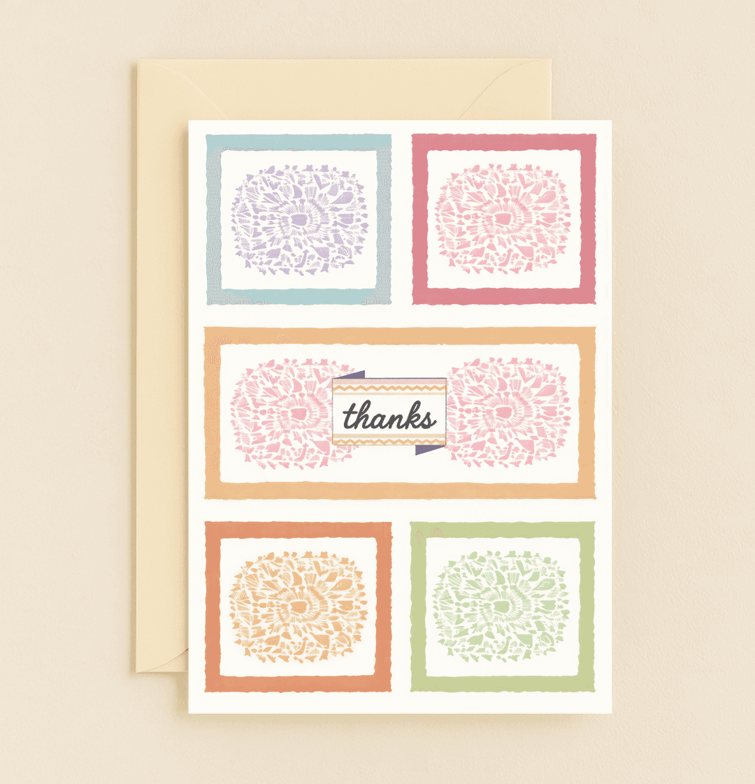 Express your gratitude with "Colorful Thanks, Floral Grace," featuring elegant pastel floral designs and a stylish zigzag border for a touch of artistic charm.