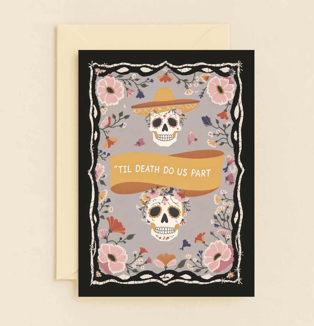 Celebrate everlasting love with this vibrant anniversary card featuring festive sugar skulls, a sombrero, and colorful blooms, perfect for a Día de los Muertos-inspired twist.