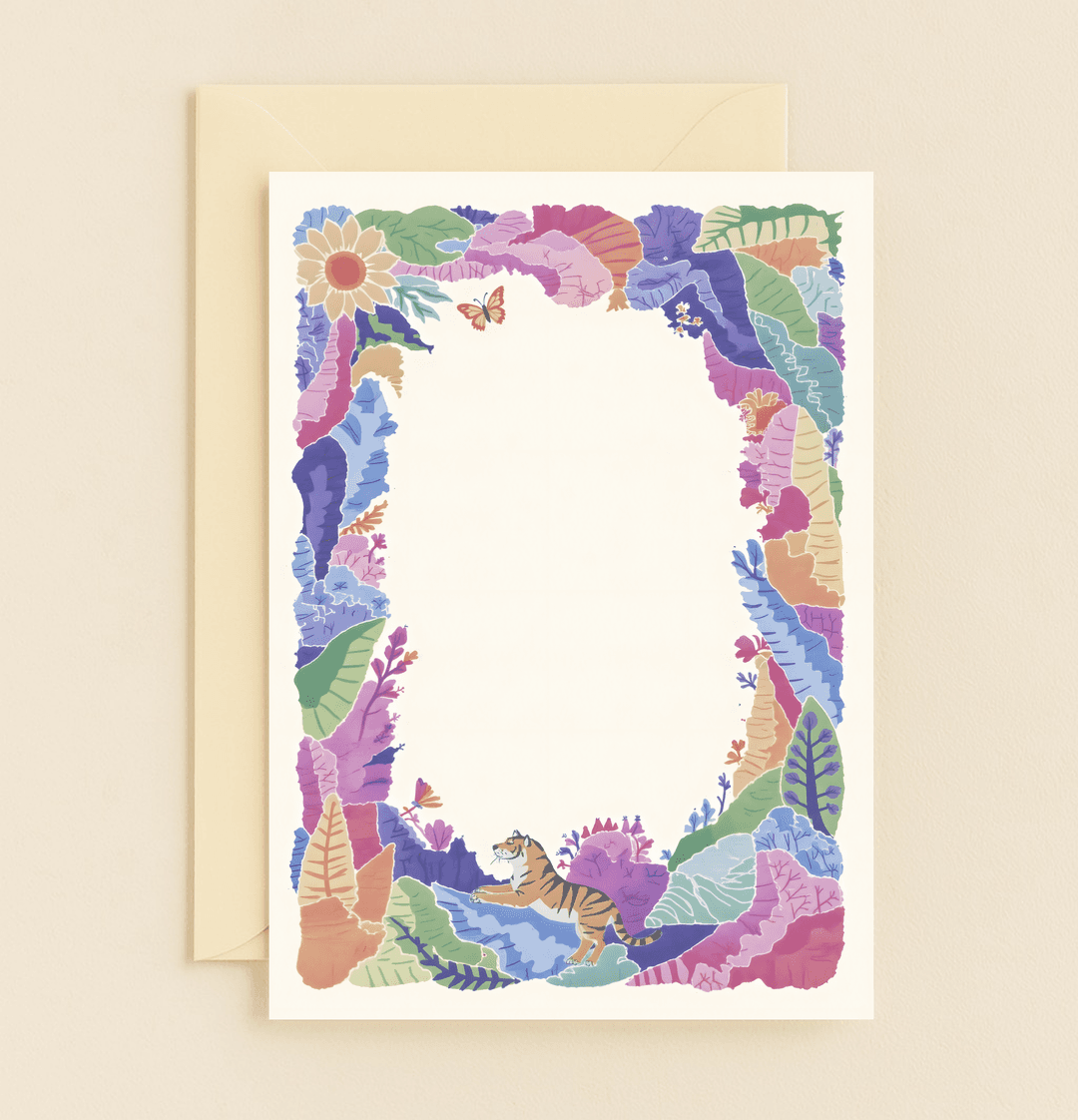 Celebrate a birthday with Jungle Joy, a vibrant card featuring whimsical leaves, a cheerful sunflower, a playful butterfly, and a lively cartoon tiger.