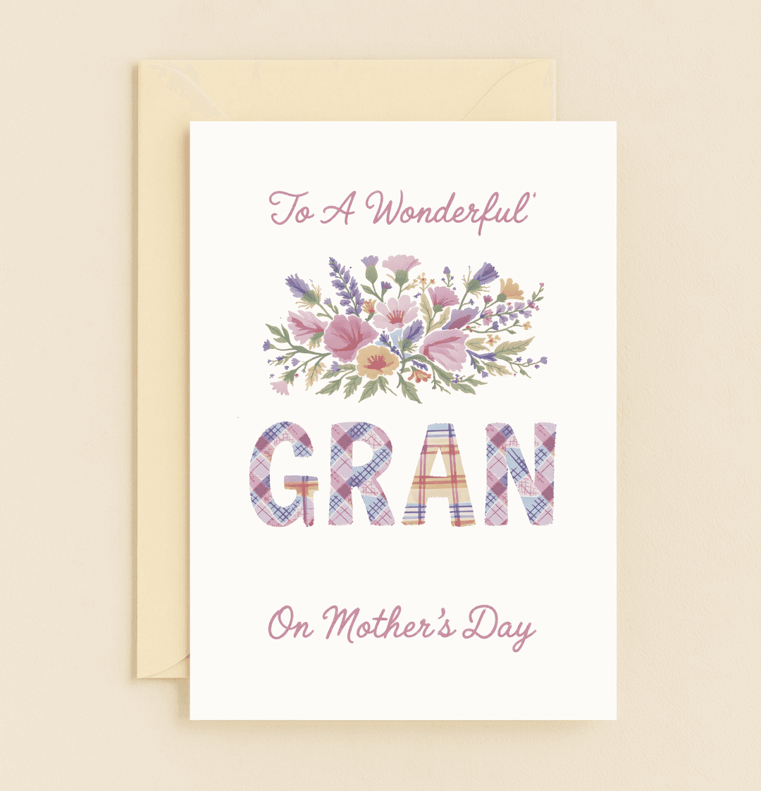 Celebrate Gran this Mother's Day with a pastel floral card featuring elegant script and vibrant plaid letters, perfect for showing your love.