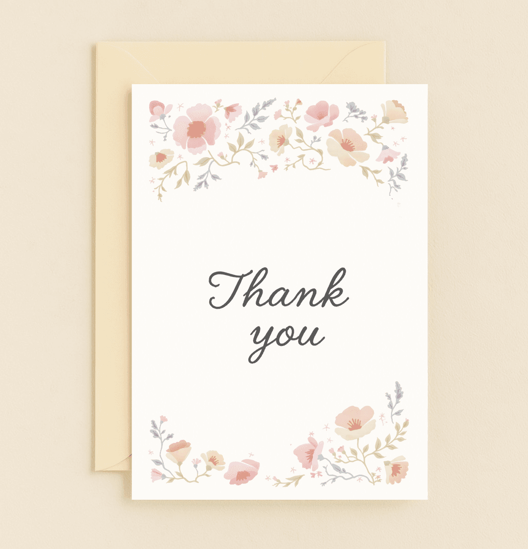 Express heartfelt thanks with this elegant card, adorned with pastel floral arrangements and a stylish cursive "Thank you" centerpiece.