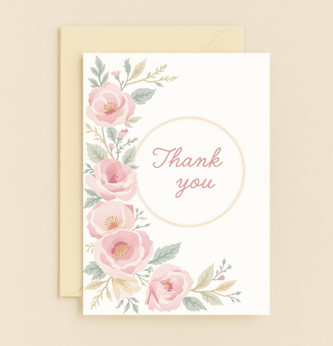 Express heartfelt gratitude with this elegant greeting card featuring pastel watercolor flowers and a gold circle accentuating the handwritten "Thank you.