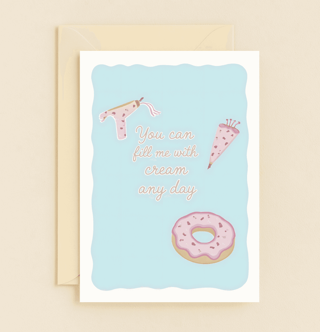 Celebrate your anniversary with a cheeky twist, featuring playful puns and sweet illustrations of donuts and piping bags on a light blue backdrop.