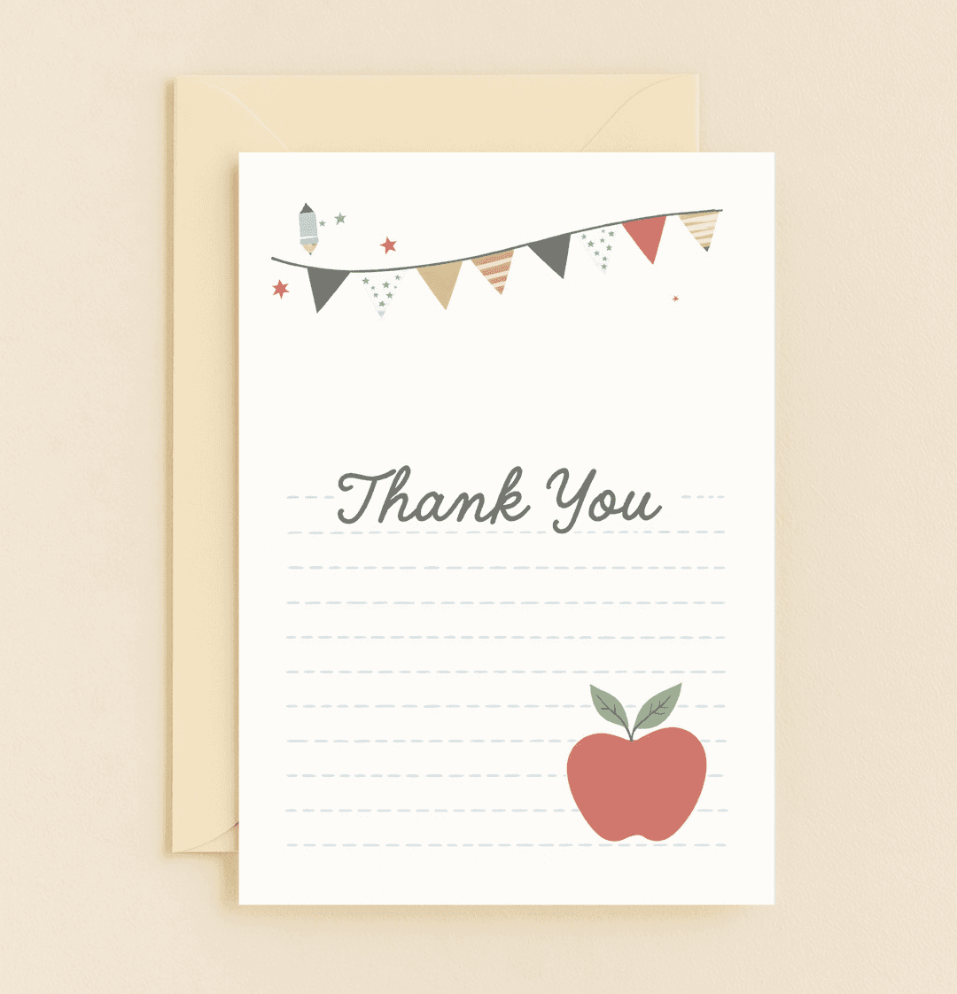 Celebrate gratitude with this playful school-themed card, featuring festive bunting flags, a friendly pencil, and a classic red apple on lined paper.