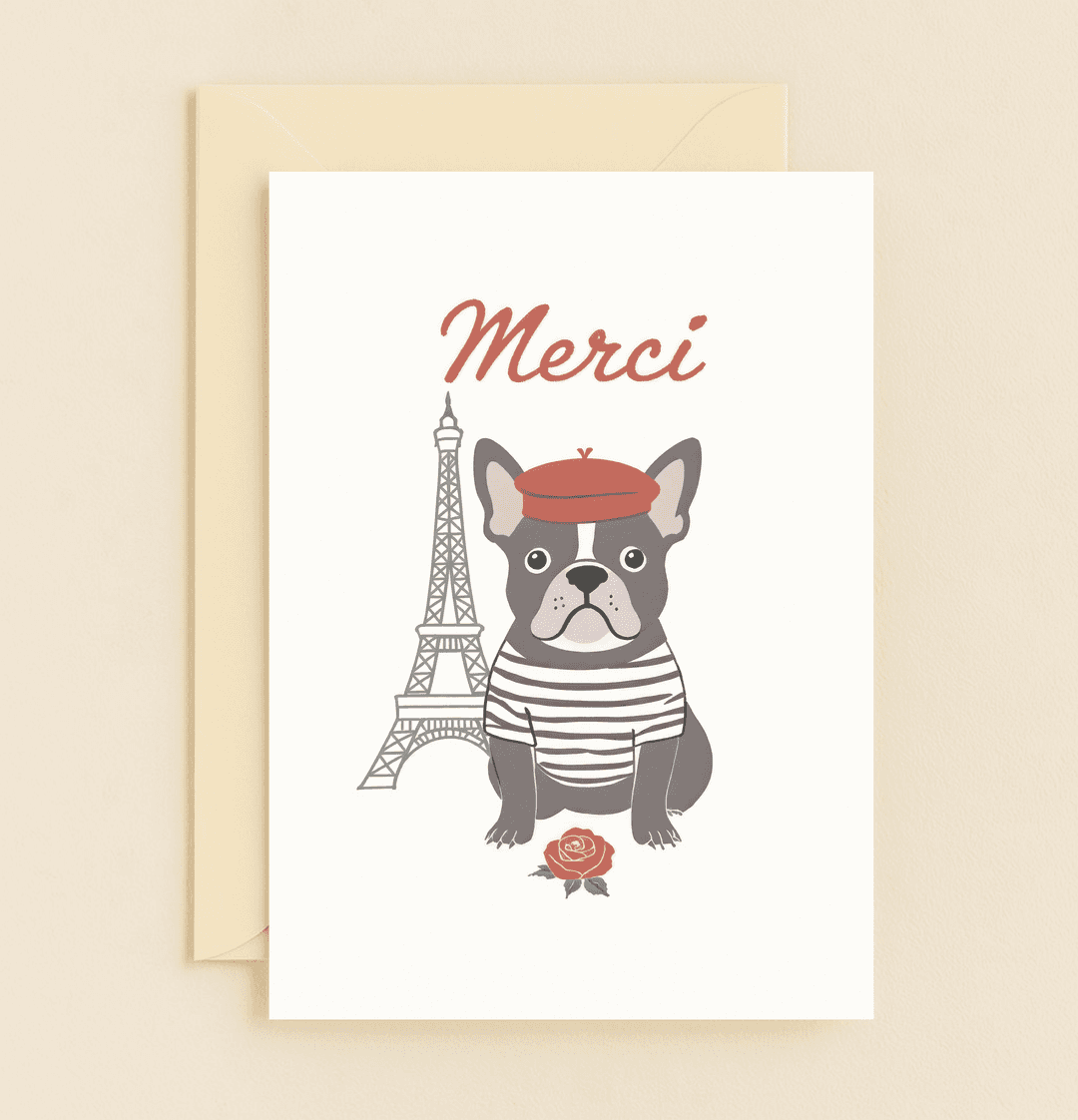 Say "Merci" in style with this charming card featuring a beret-clad French bulldog beside the Eiffel Tower, perfect for a paw-some Parisian thank you!.