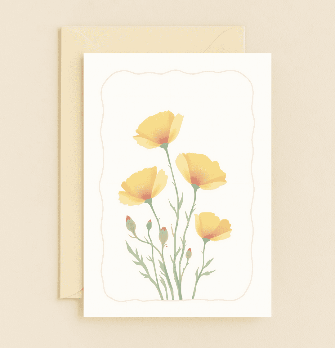 Celebrate Mother's Day with a calming, elegant card featuring a minimalistic botanical illustration of five yellow poppies on a pristine white background.