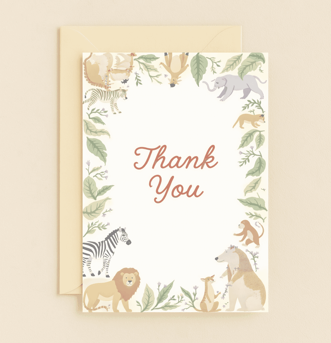 Express your appreciation with the "Wildly Grateful" card, featuring whimsical animals and lush foliage, perfect for a heartfelt thank you.