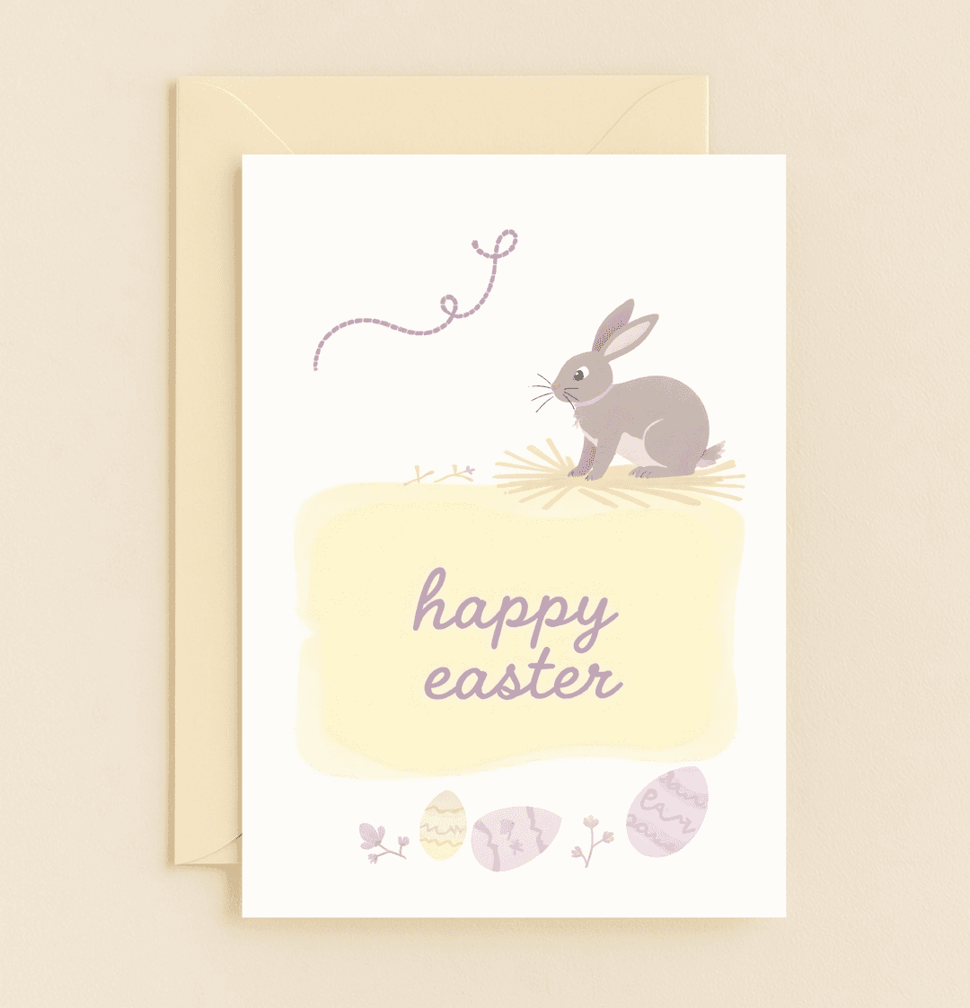 Celebrate Easter with a pastel card featuring a cute rabbit, intricate Easter eggs, and playful flowers, all on a cheerful pale yellow background.