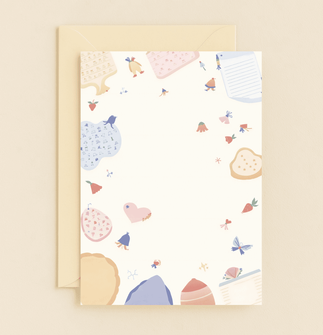 Delight your mom this Mother's Day with a whimsical card featuring playful art of flowers, hearts, strawberries, and charming characters.