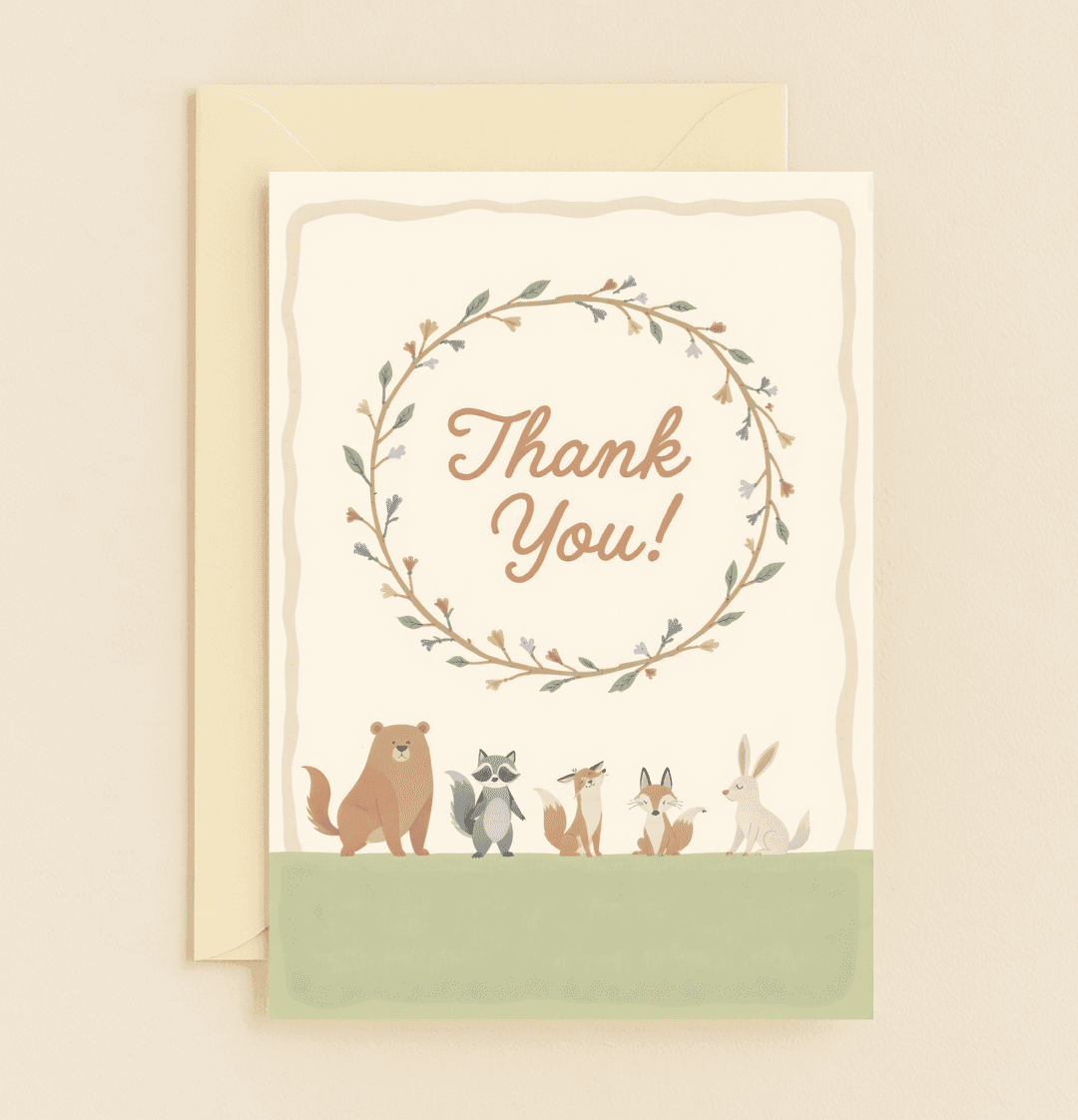 Express gratitude charmingly with our "Forest Friends Say Thanks!" card, featuring adorable woodland animals beneath a whimsical flowering wreath.