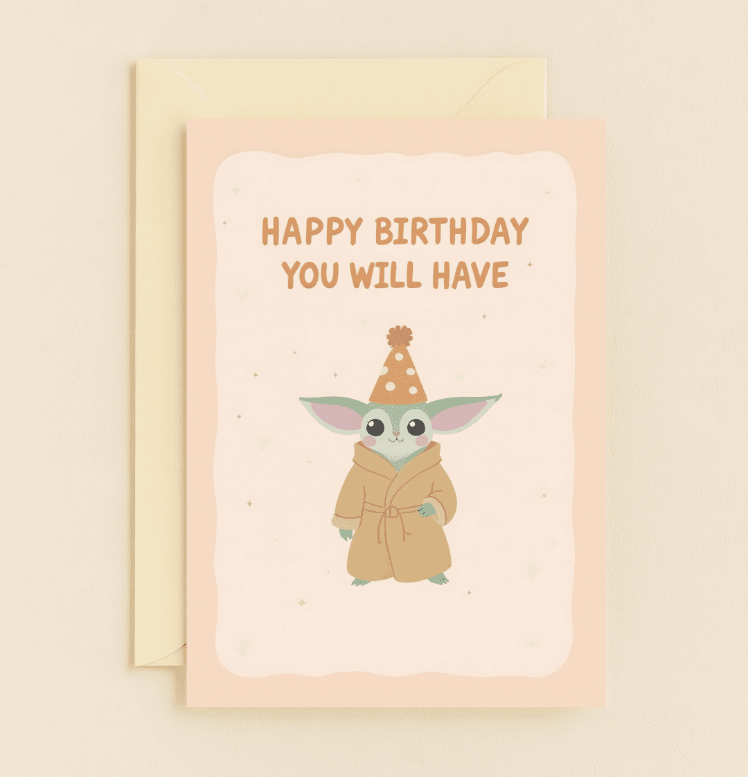 Celebrate in cosmic style with a playful card featuring a beloved green character, party hat fun, and a sci-fi catchphrase that promises birthday joy.