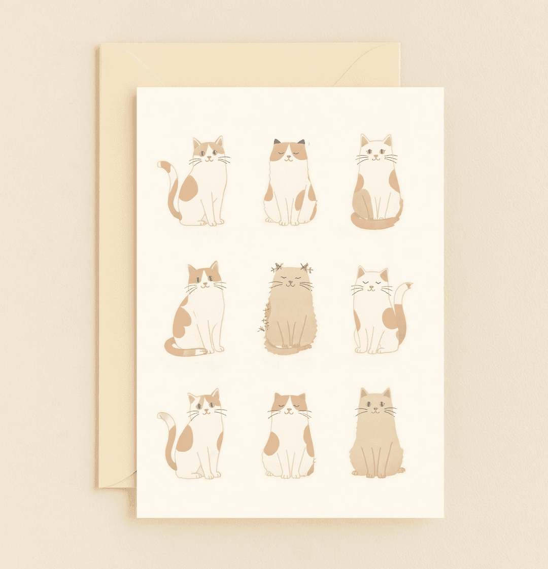 Express heartfelt gratitude with this adorable cat-themed card, featuring nine charming feline illustrations and blooming blue flowers for a touch of playful warmth.