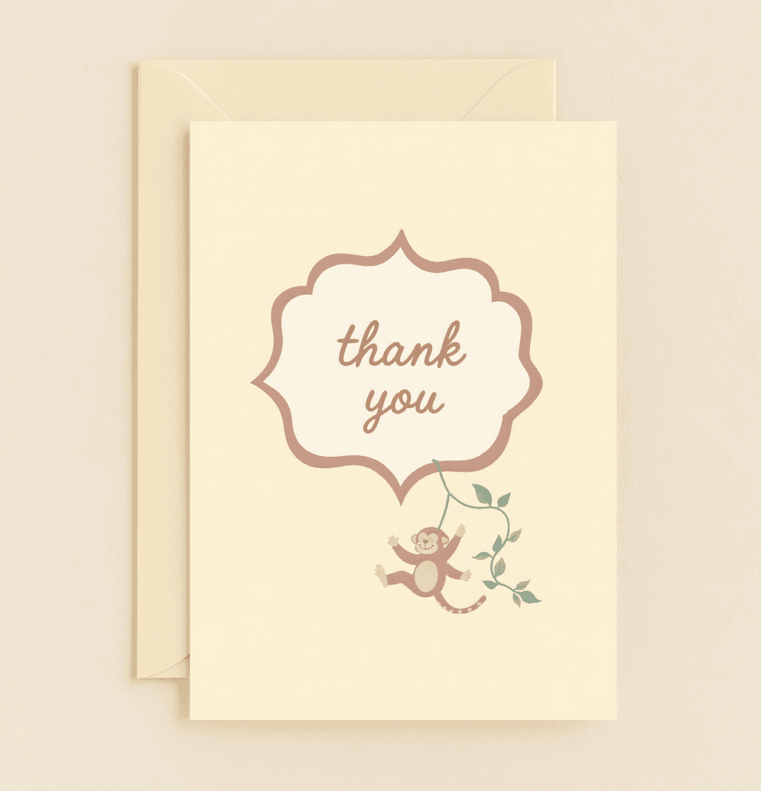 Express gratitude with a whimsical touch as a playful monkey swings from a vine on this charming thank you card.