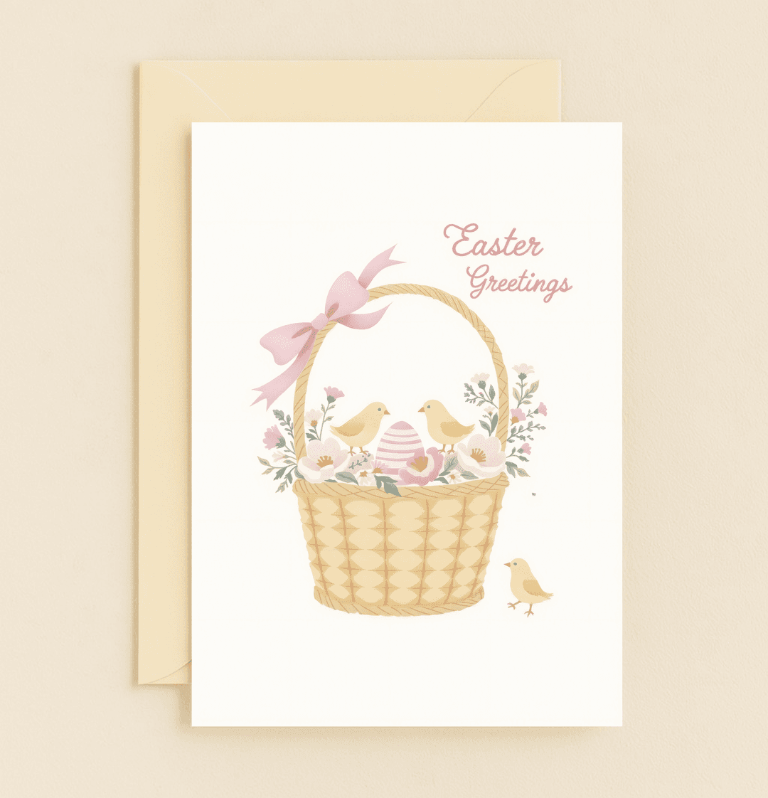 Celebrate Easter with a charming pastel card featuring a flower-adorned basket, playful chicks, and a graceful bow, perfect for spring greetings.