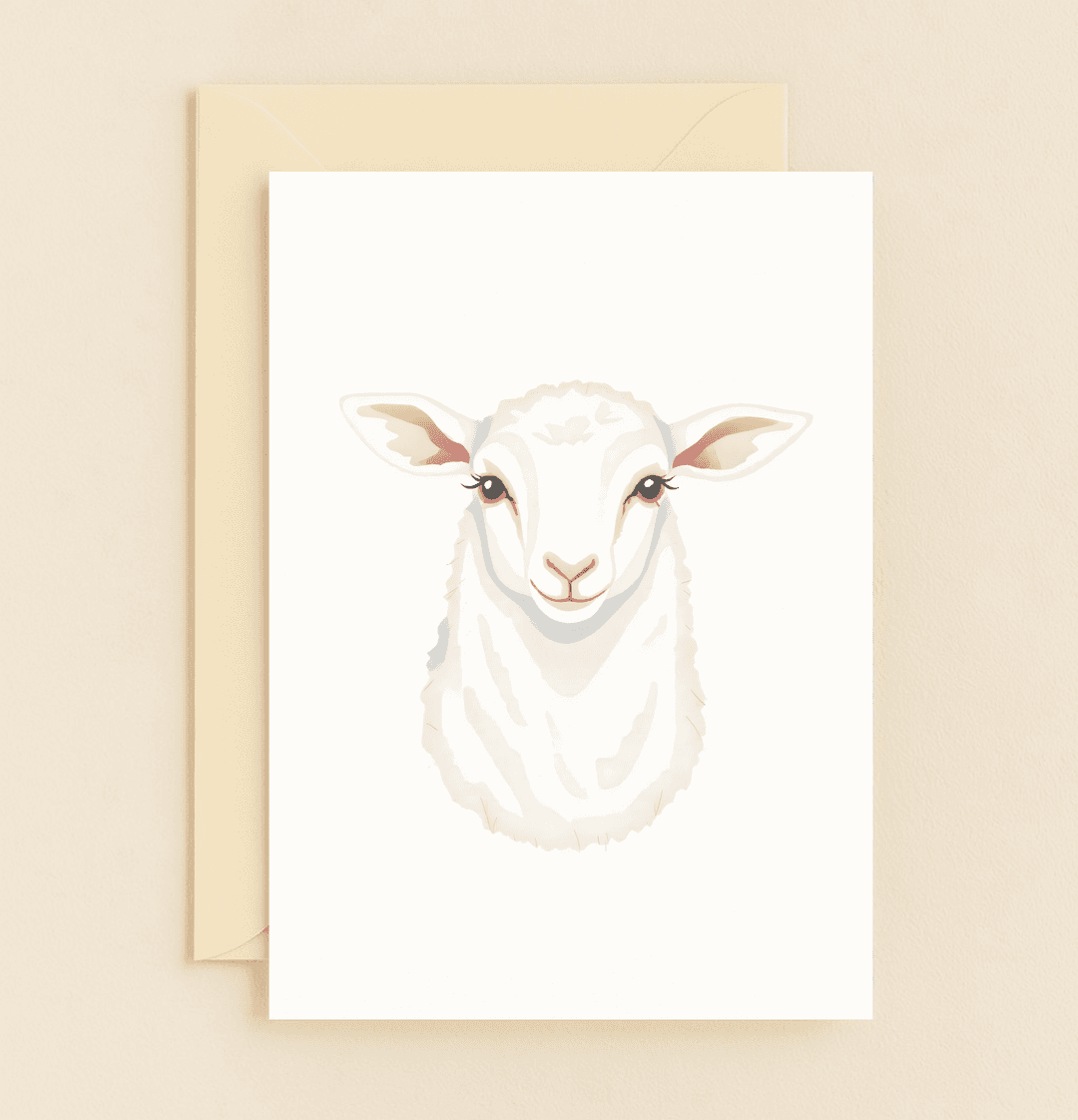 Celebrate Easter with a card featuring a charming lamb in pastel hues, embodying innocence and cuteness against a pure white backdrop.