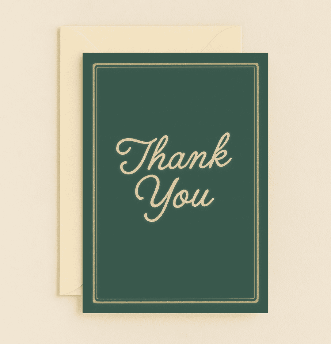 Express heartfelt gratitude with this elegant card featuring a stylish cursive "Thank You," highlighted by a gold border on a sophisticated dark green background.